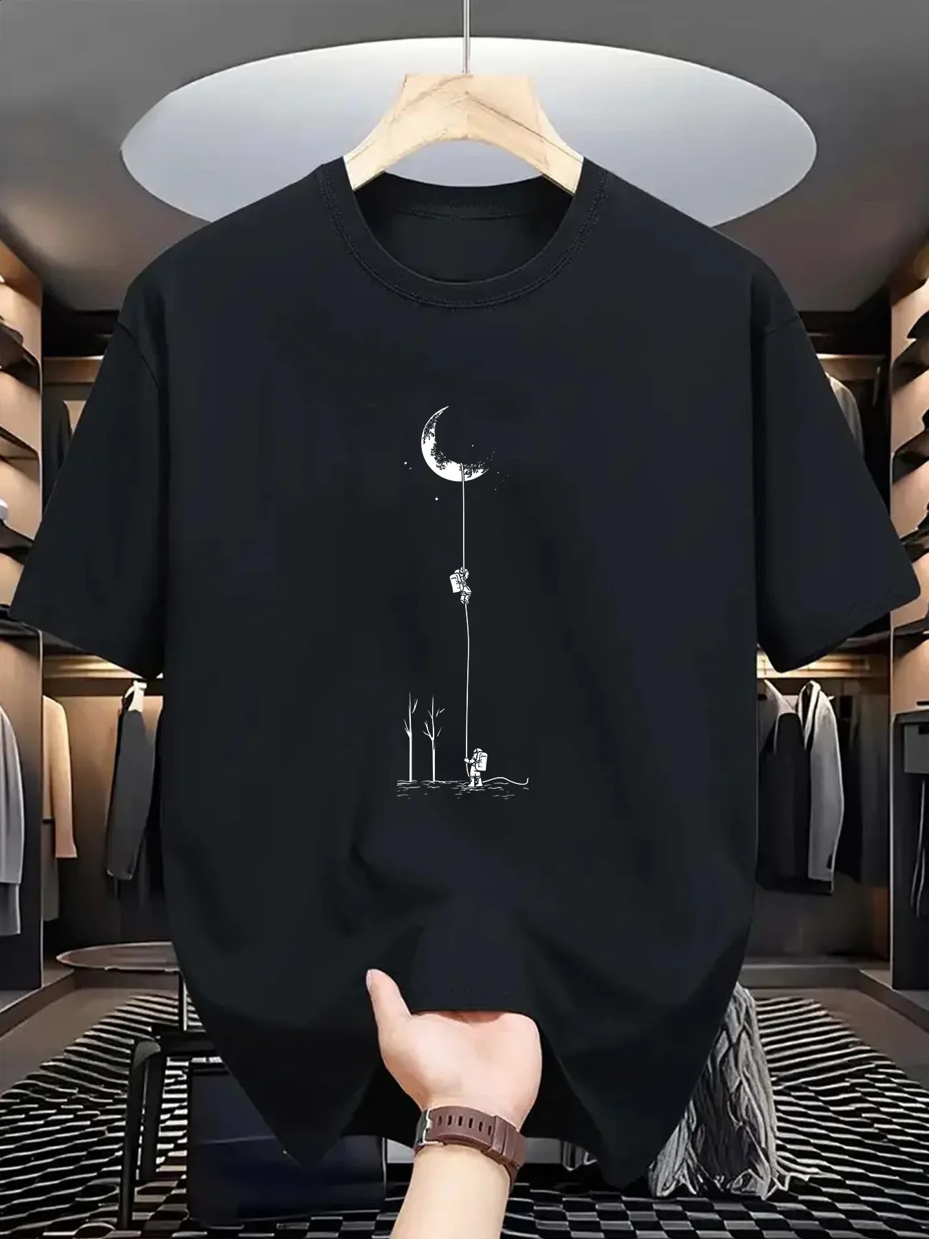 Summer Mens 100% Pure Cotton Casual Loose Fit Plus Size Moon Landing Pattern Printed Round Neck Short Sleeve T-shirt Top 250530