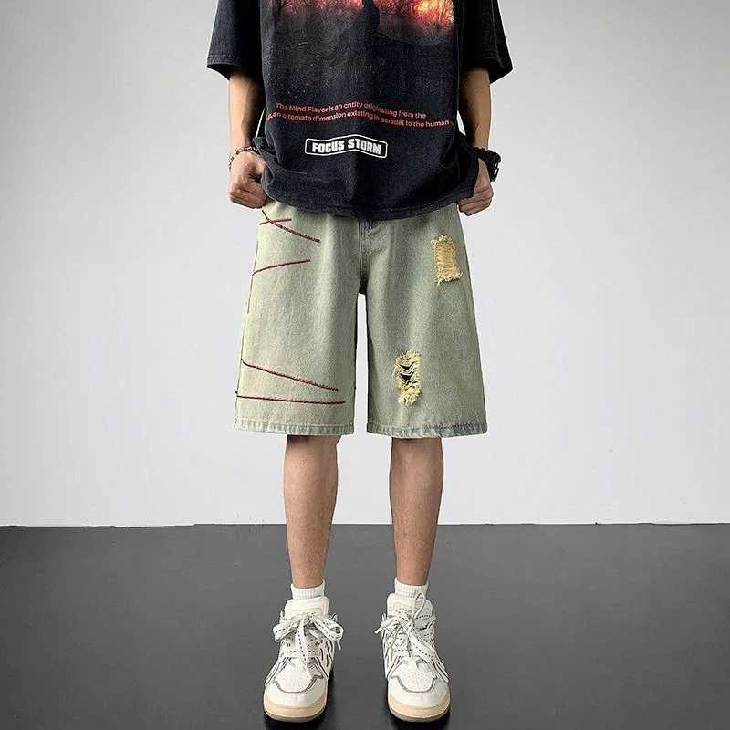 Blue Man Half Denim Shorts Baggy Ripped Short Jeans Pants for Men Vintage Popular XL Streetwear Summer Retro Distressed Designer T250603
