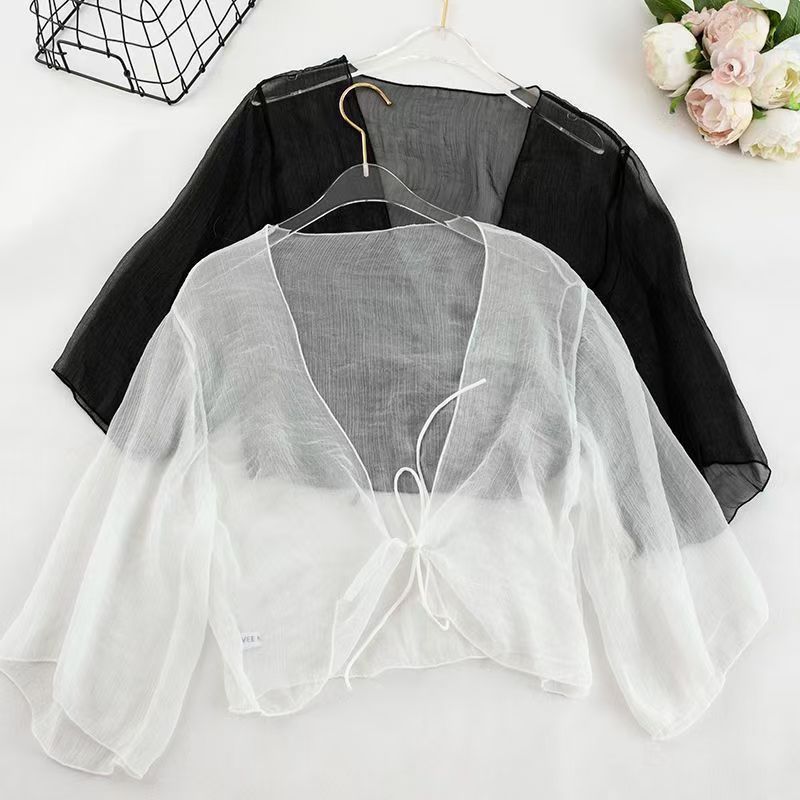 K909 Summer thin sunscreen shirt short high-waist thin chiffon top with skirt shawl blouse white thin jacket