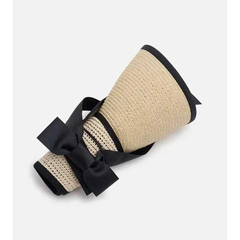 2025 New Summer Adjustable Ribbon Empty Top Straw Hats For Women Foldable Wide Large Brim Beach Hat Chapeau Femme UV Protection Cap W250602