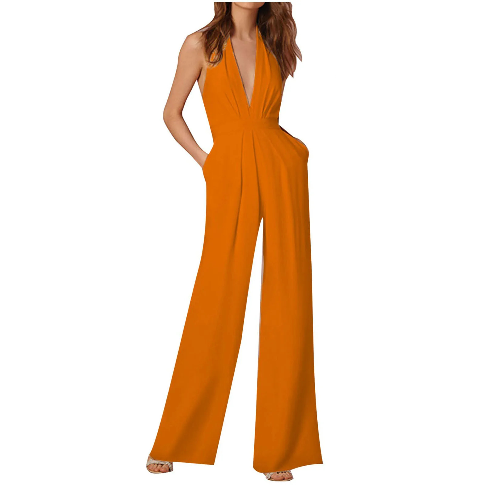 Sexy V Neck Women Jumpsuit Solid Color Party Halterneck Rompers With Pocket Summer Sleeveless Wide Leg Long Jumpsuits Streetwear 250603