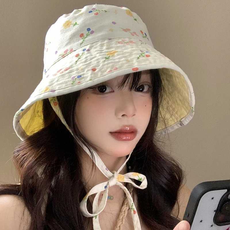 Ins Sweet Double-sided Strap Bucket Hats Show Face Small Summer Japanese Retro Literary Floral Versatile Sunscreen Womens Caps W250602