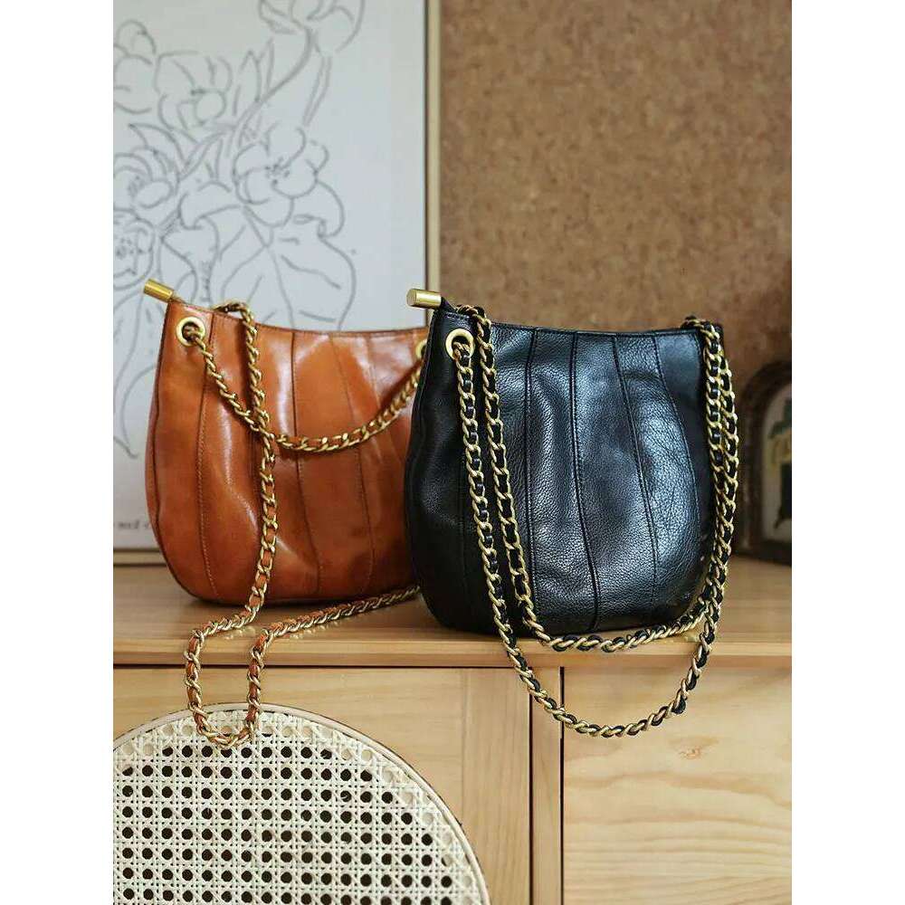 Vintage First Layer Cowhide Ing Women's Bucket Shoulder Weekend Party Genuine Leatherfemale Chain Crossbody Bag