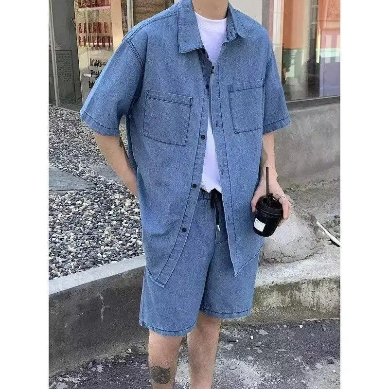 Summer Men set Retro Trendy Hong Kong-style Denim Short-sleeved Shirts Shorts Casual Sportswear Men Cool Loose suit 250603
