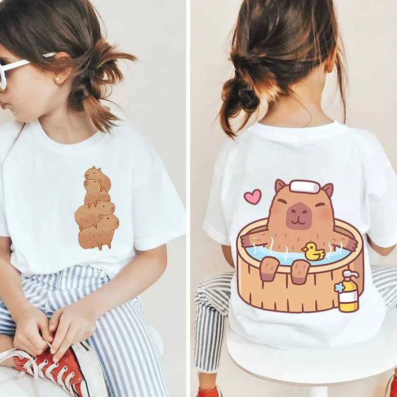 2025 Hot Sale Kawaii Capybara Lovers Double-Sided Printing Kids Clothes T-Shirt Girls/Boys White Short-Sleeved Top T-Shirt T250603