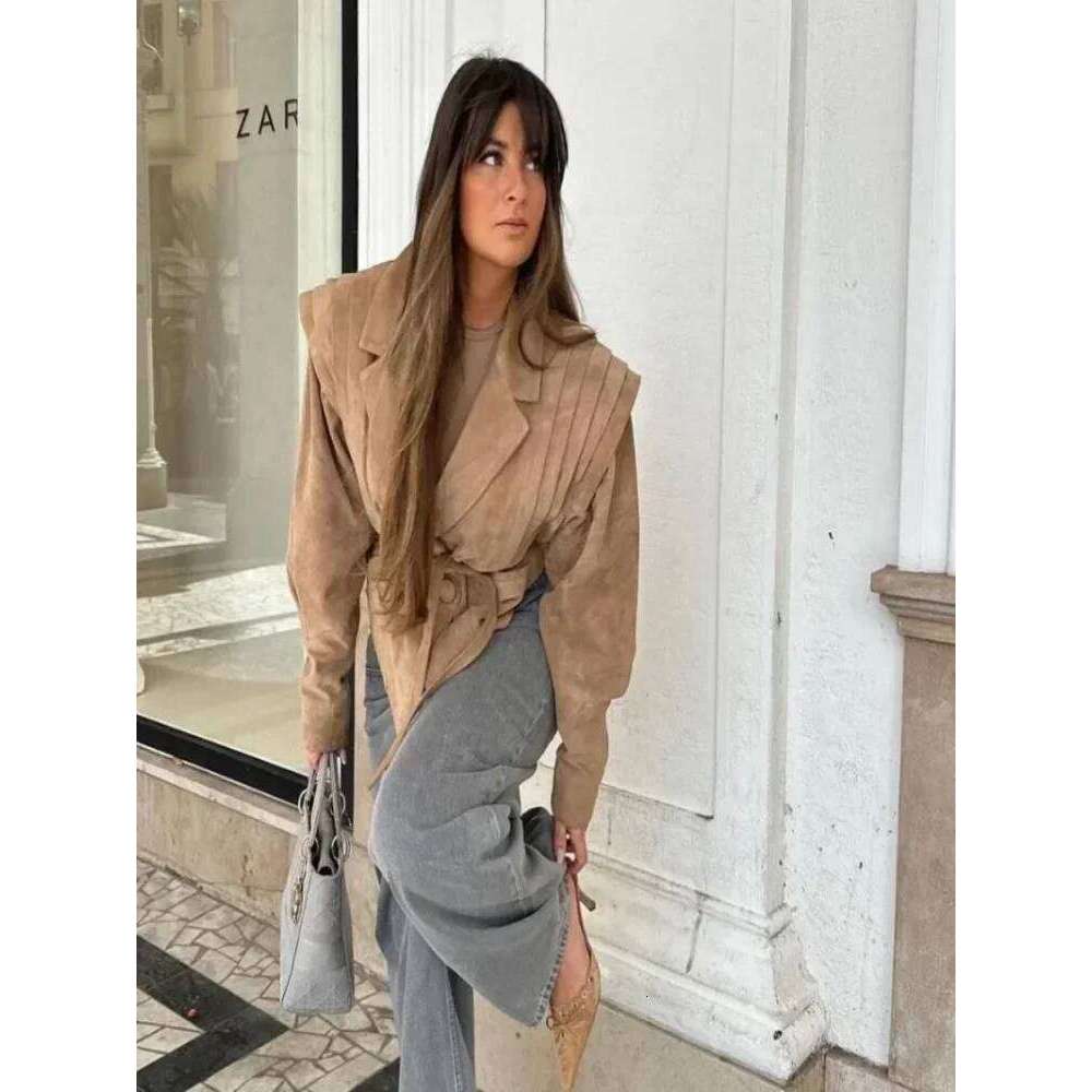 Fashion Retro Women Woolen Jacket Turn-down Collar Slim Fit Long Sleeve High Waist With Belt 2024 Autumn Lady Coat