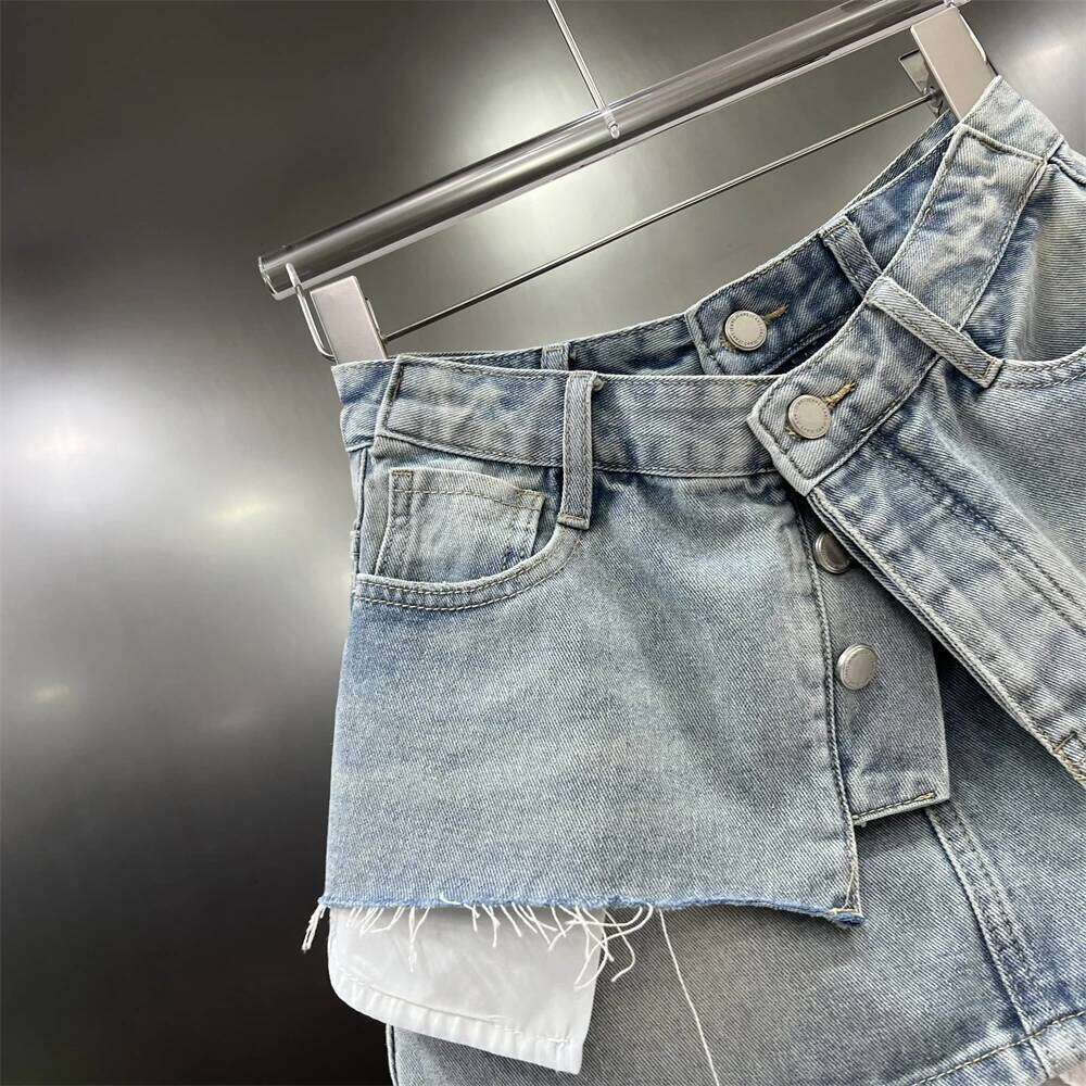 Chic Fake Two Piece Ripped Denim Skirt Street Fashion Pockets Single Breast A Line Mini Skirts Summer All Match Female Clothing