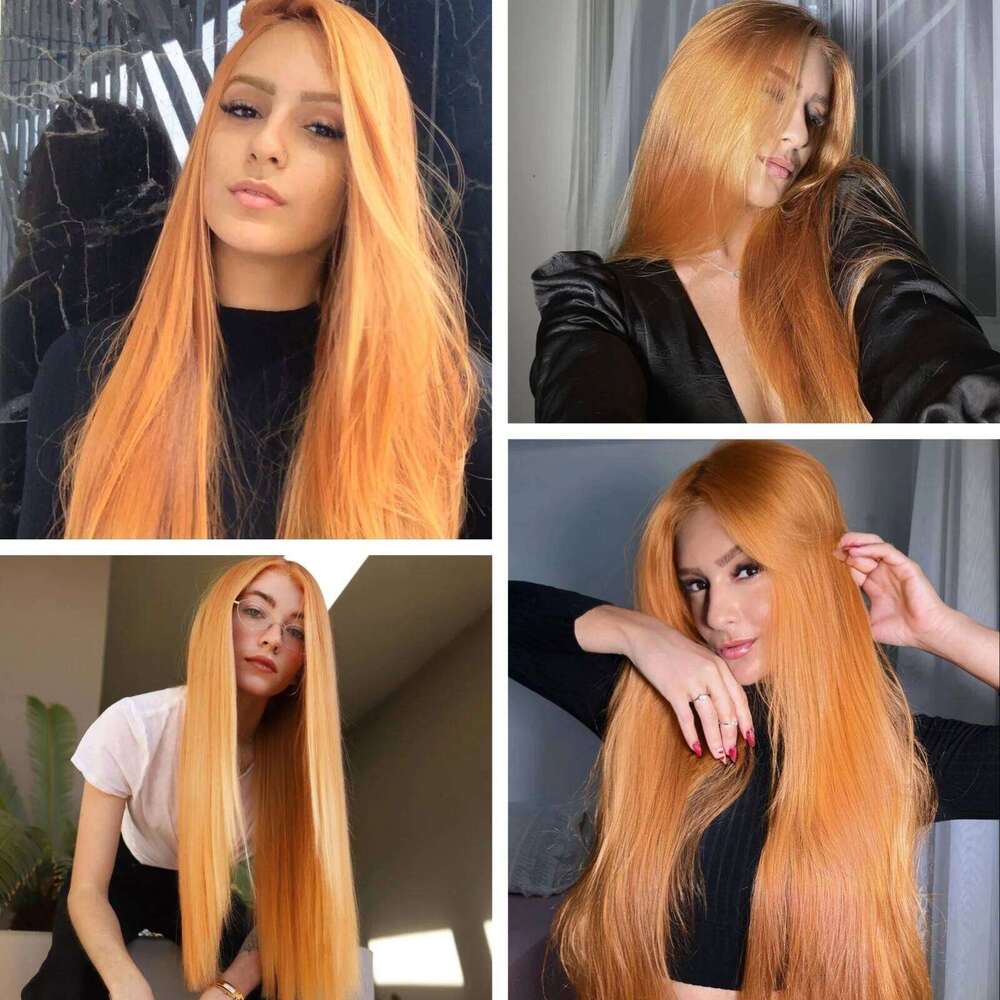 Light Orange Long Silky Straight Synthetic Lace Front Wig Free Part Ginger Colored Heat Resistant Fiber Wigs for Women Daily