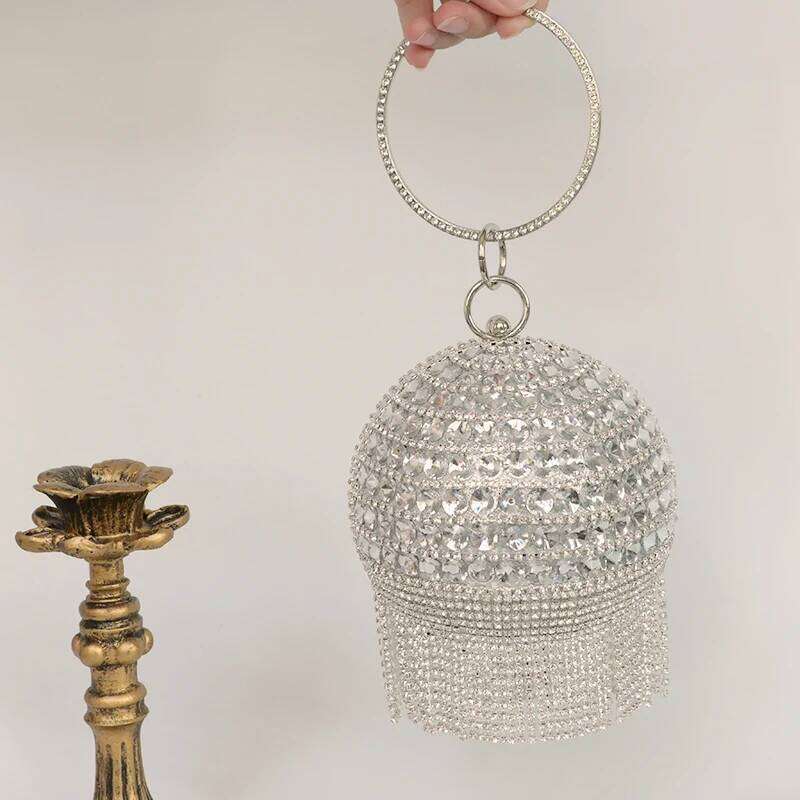 Crystal Tassels Circular Evening Bags Rhinestone Round Ball Handbags Elegant Clutch Purse Small Wedding Wallets
