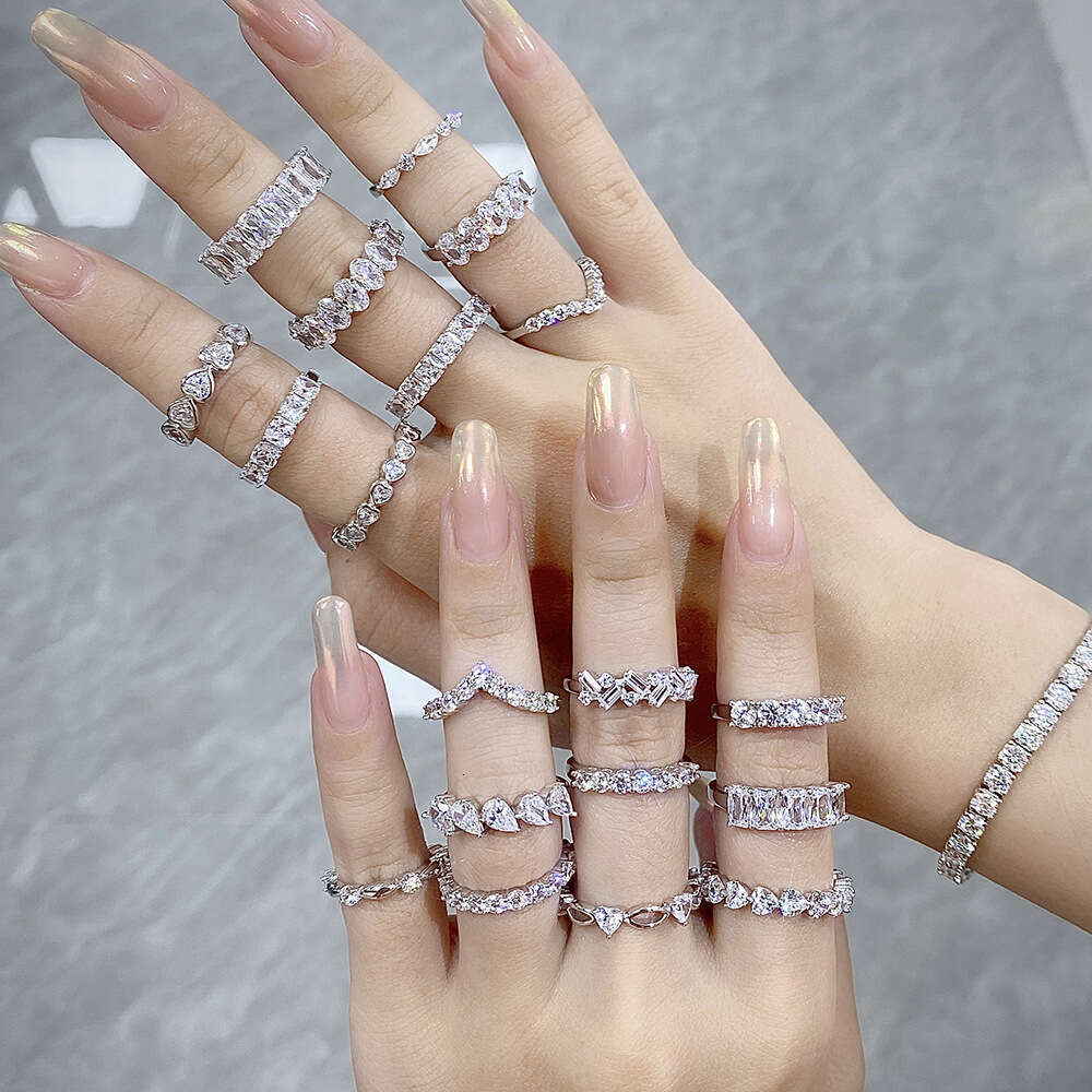 S Silver Zircon Seven Princess for Women, Niche Stackable Band Ring, Full Inlaid HW Diamond Ring