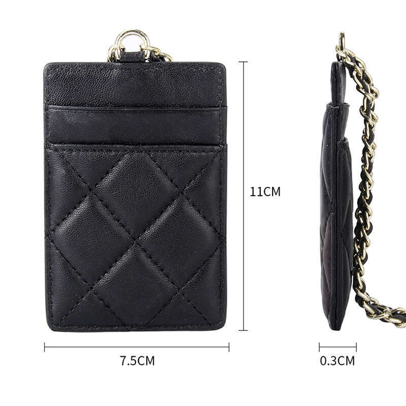 Sheepskin Women's Fashionable Compact Lightweight ID Chain Neck Hanging Multi-Card Slot Badge Business Card Holder