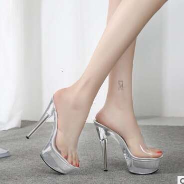 Super High Heels Fashion Nightclub Size 34-43 Sexy Super High Heels 15Cm Stiletto Waterproof Platform Sandals Transparent Crystal Wedding Shoes Platfo