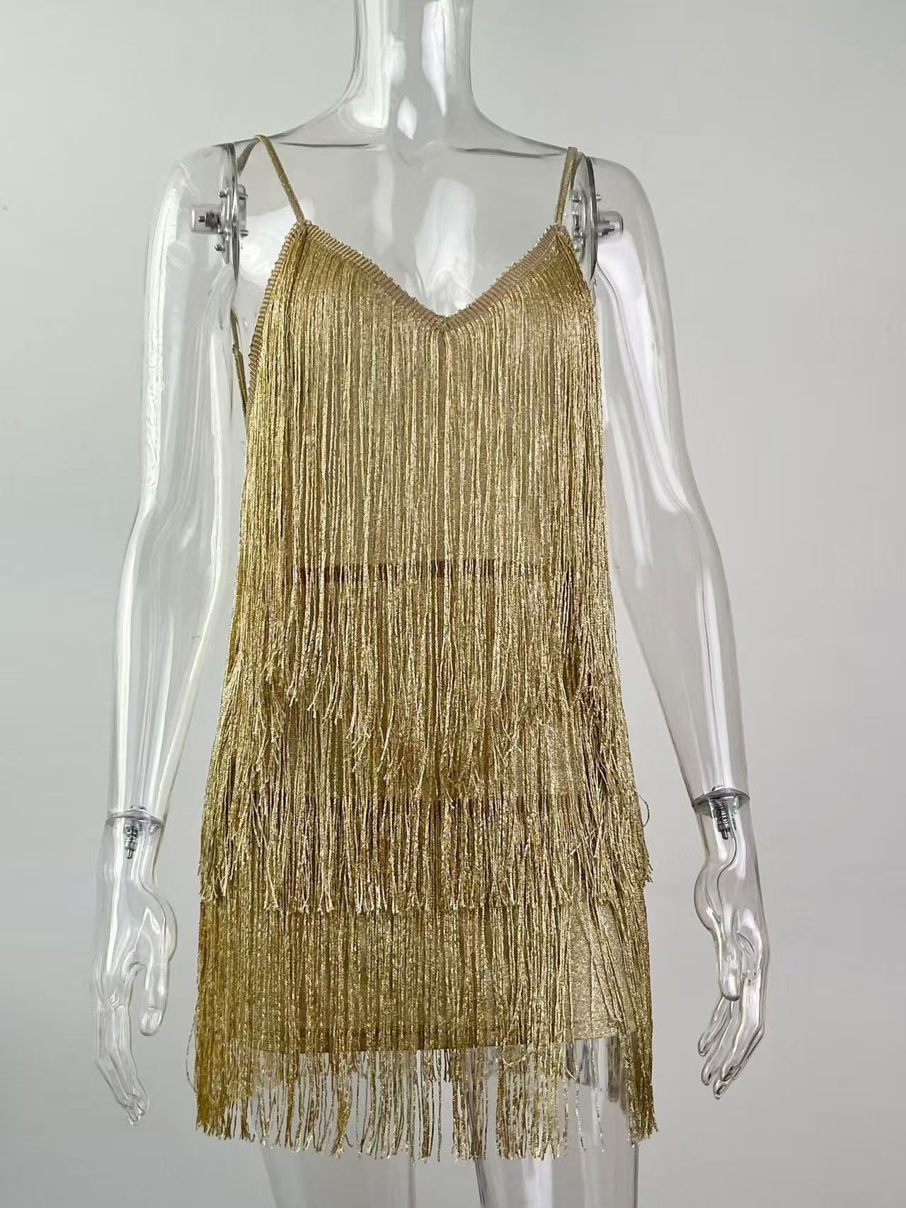 New Dress Sequin Sparkling Tassel Dresses Princess Dress Sprinkled Gold Mesh Evening Dress