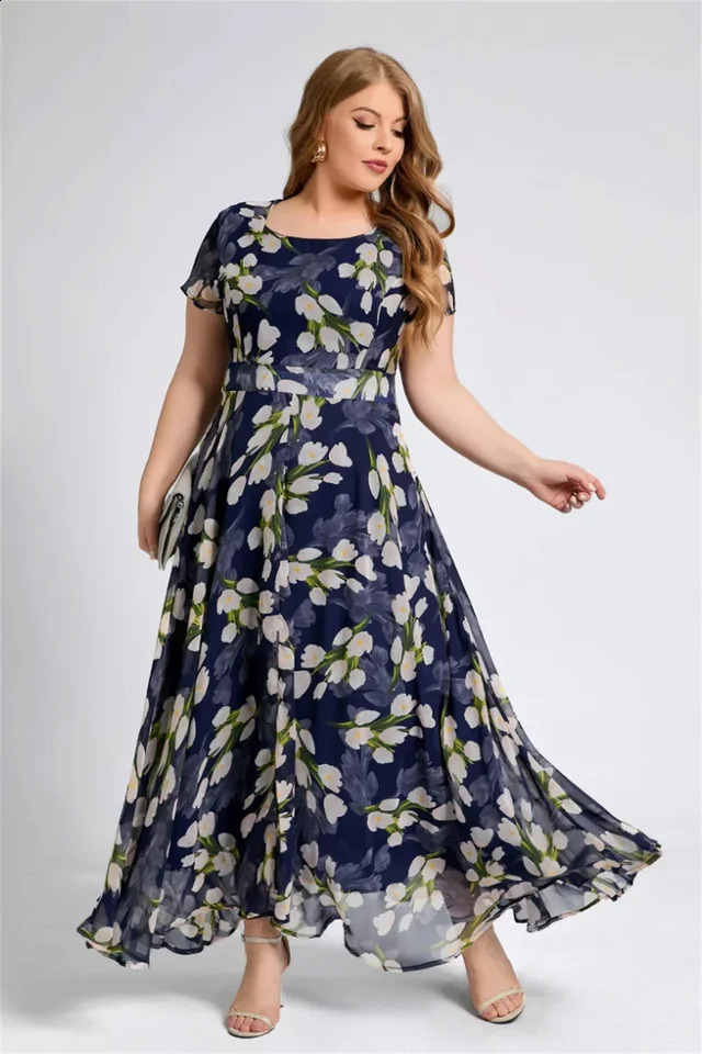 Plus Size Women Floral Printing Dress Short Sleeve Round Neck Chiffon Aline Female Elegant Casual Soft Fashion Summer Dresses 250526