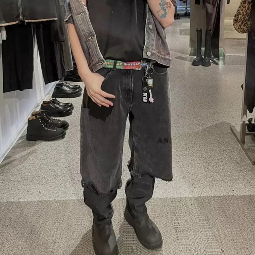 Streetwear Washed Frayed Edges Black Baggy Jeans Shorts for Men Straight Vintage Hole Knee Length Denim Trousers Oversized 250529