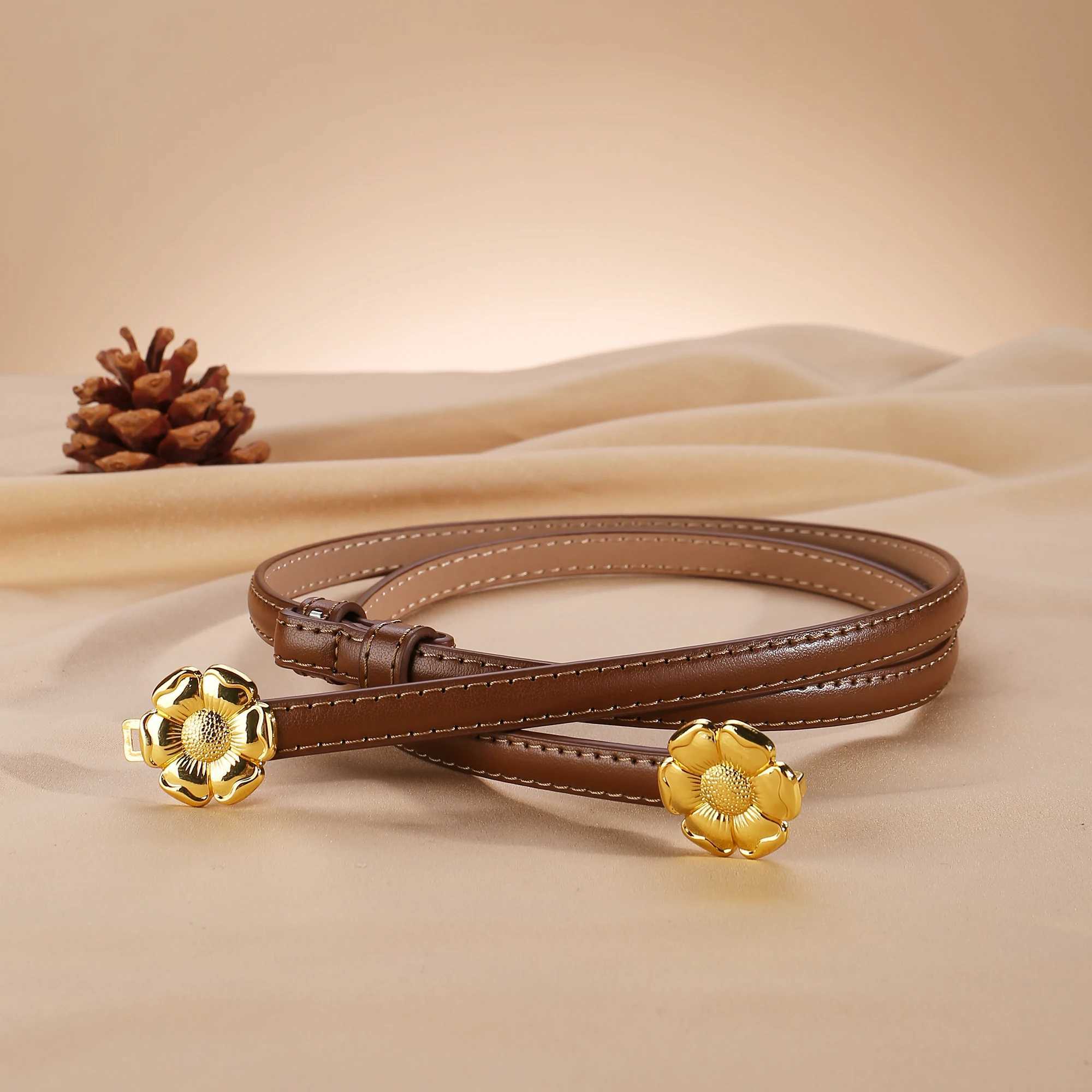 Elegant Thin Belts for Women Solid Color Leather Belts Womens Flower Alloy Buckle Adjustable Belts for Jeans Dress XJ250602