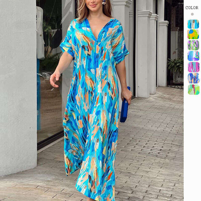 Summer New High-Waisted Fashion Printed Commuter Elegant Short-Sleeve Long Dress For Women B5