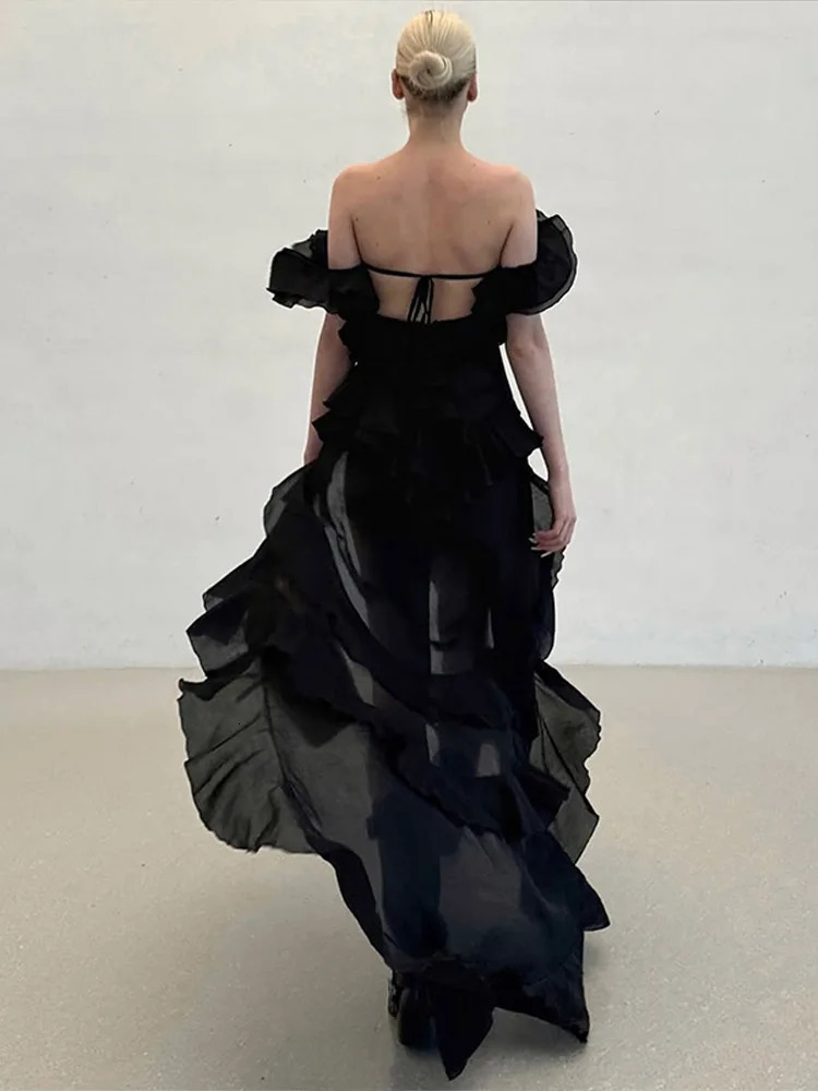 Off Shoulder Ruffles Irregular Dress Women Elegant Slim Solid Backless Lace Up Dresses Lady Summer Fashion Chic Beach Robes 250603