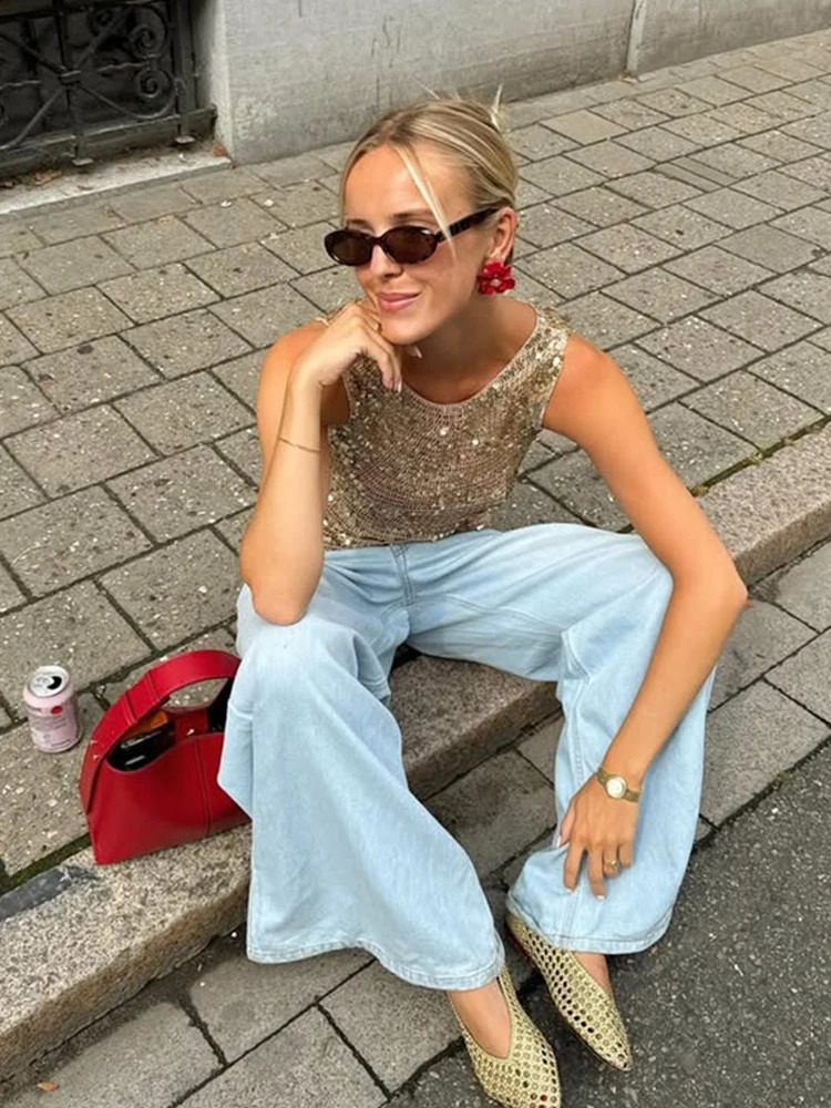 Womens Sequined Sleeveless Tank Tops Sparkling Bottoming O-Neck Clubwear Tops Cocktail Party Wear Solid Vest Camisoles 250529