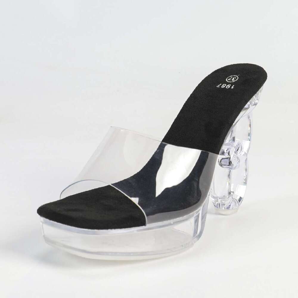 Super High Heels 1988-Q16 New 12Cm Fashion Wedding Sexy Car Transparent Nightclub Crystal Square Toe Non-Slip Slippers Platform High Heels