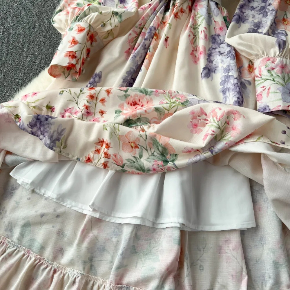 Neploe Elegant Lantern Collar Stand Collar Sweet Dress Print Belt Big Swing Patchwork Vestidos Slim Fit French Style Moda Robe 250530
