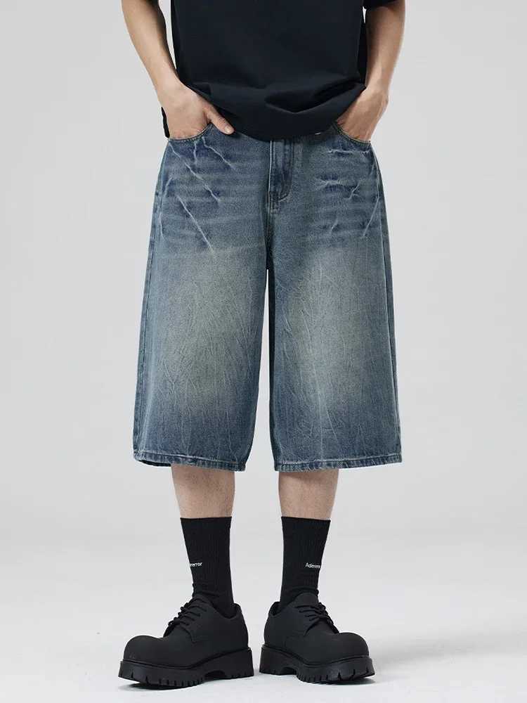 New Summer Oversized Wide Shorts Men Lightning Cracked Loose Y2k Jeans Washed Streetwear Trendy Baggy Calf-length Denim Pants T250603