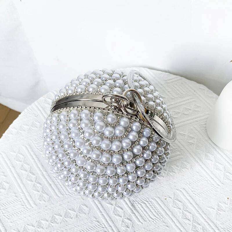 Fashion Pearl Top Ball Purse Bling Crystal Rhinestone Round Evening Handbag Women Glitter Sier Party Clutch Bag