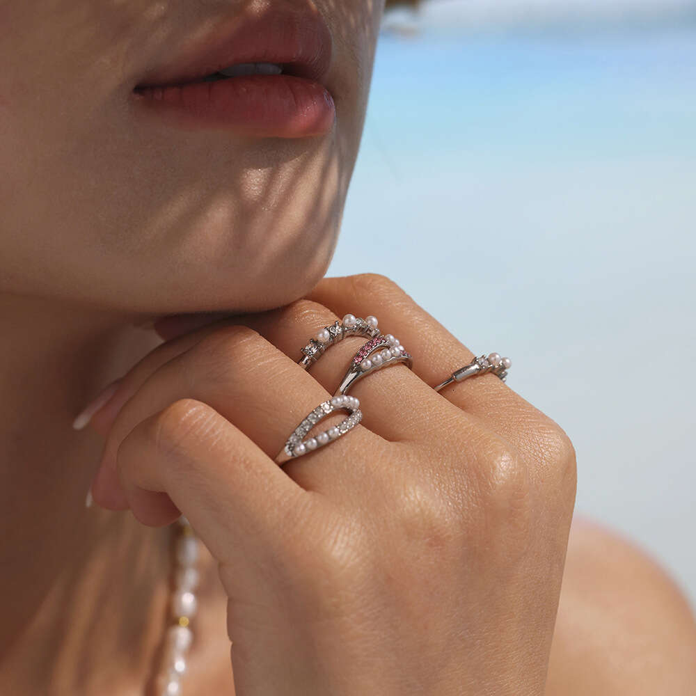 oumika stainless zircon niche shell pearl trendy titanium steel nonfading stackable index finger ring