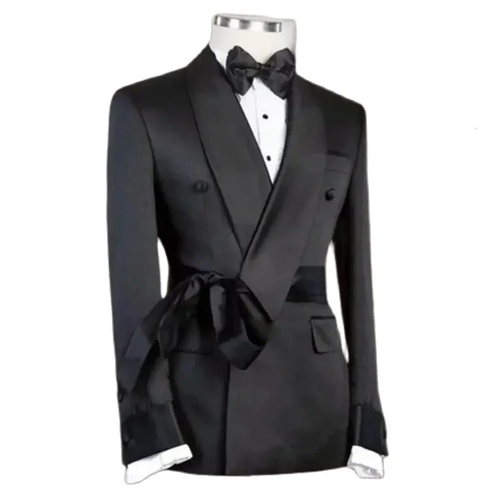 Black Slim Men Blazer With Belt Formal Banquet Prom Party Wedding Costume Coat Fashion Classic Shawl Lapel Jacket 1 Piece 250603