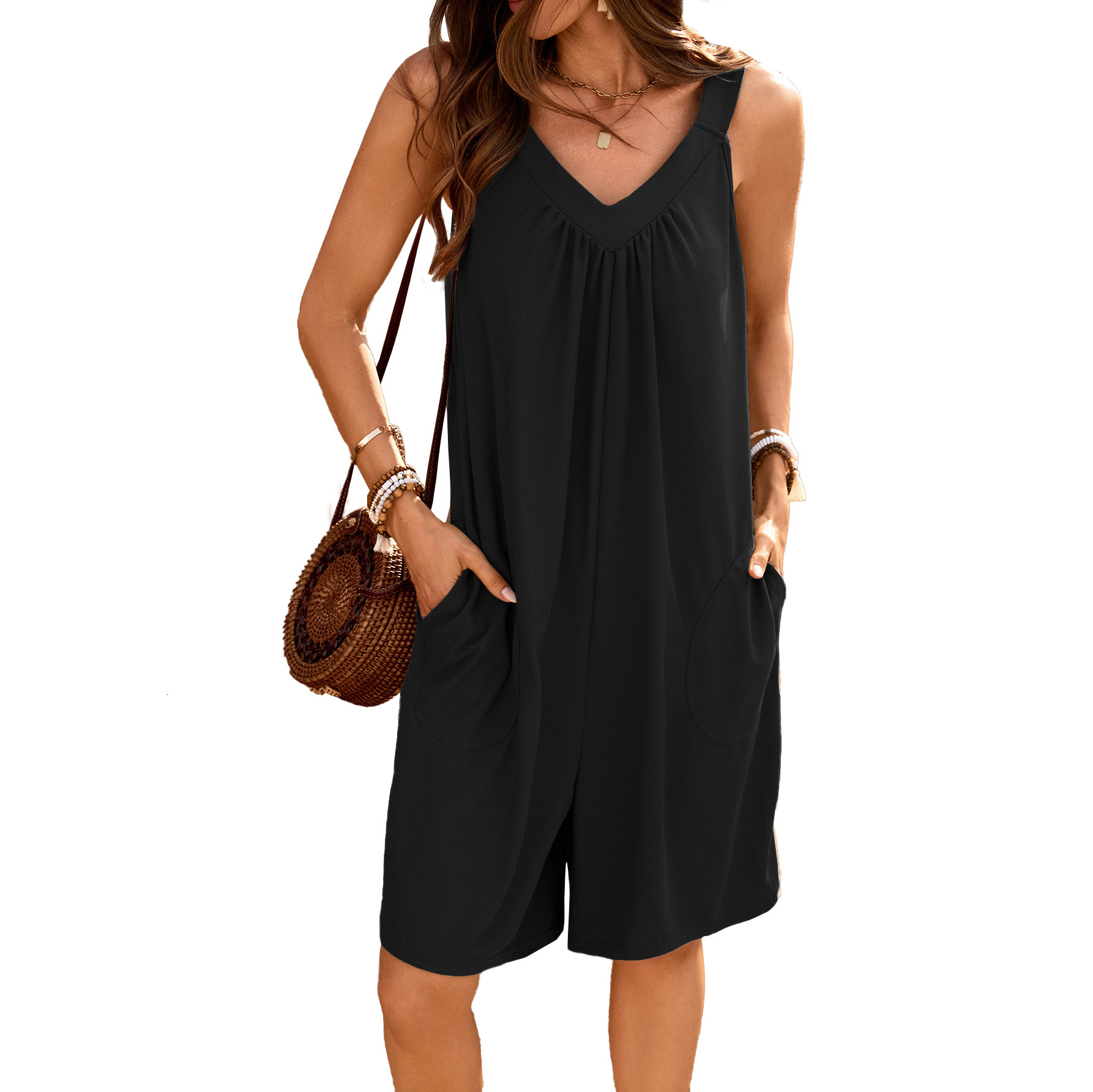 Luxury Designer Clothing European And American Summer Solid Color V-neck Loose Pocket Sleeveless Shorts Jumpsuit 2025 New Designer Dress