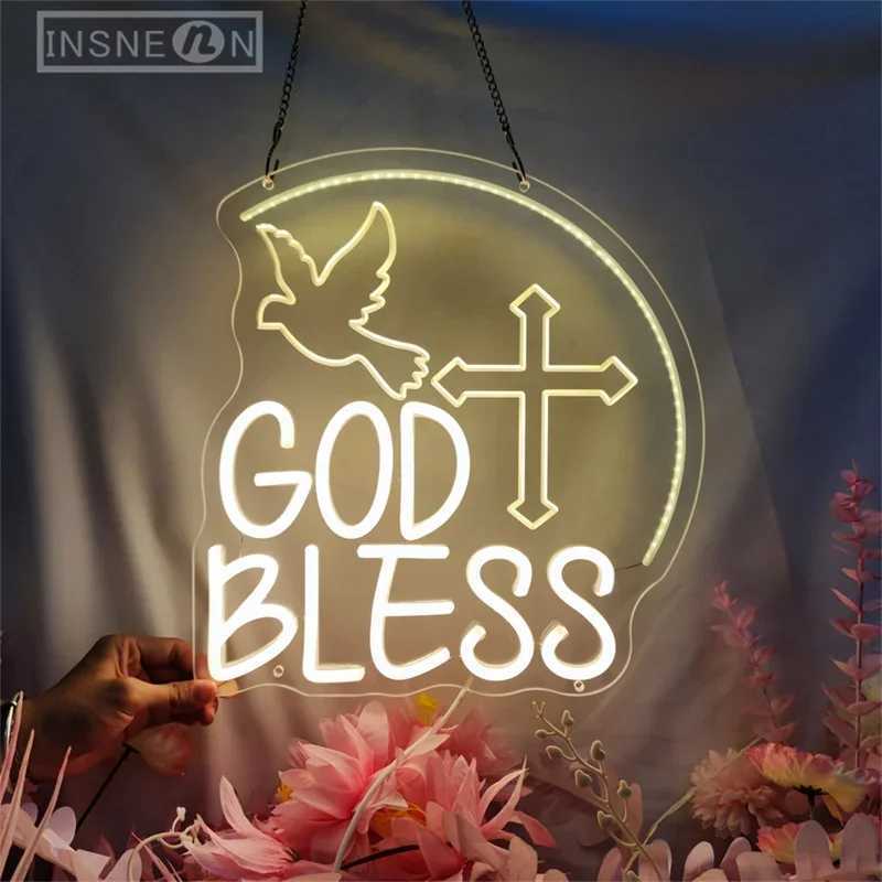 God Bless Neon Signs with USB 3D Engraving LED Wall Decor Lights for Party Home Neon Lighting Sign Baptism Decoration GiftXJ250602