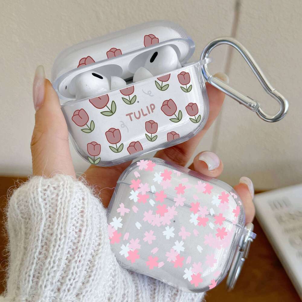 Cartoon Flower Silicone Pro/Pro2 Clear TPU Case For 3/4 Wireless Earphone With Keychain Protector Cover