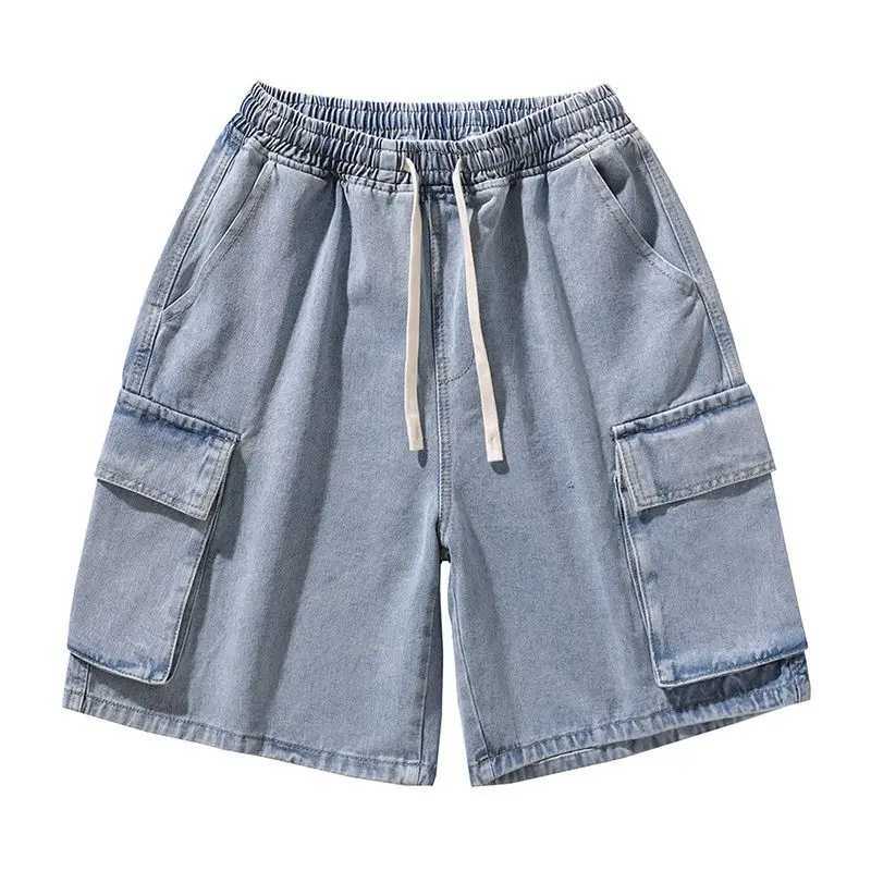 Summer Mens Cargo Denim Shorts Loose Retro Wide-leg Streetwear Fashion Pocket Design Korean Elastic Waist Short Jeans T250603