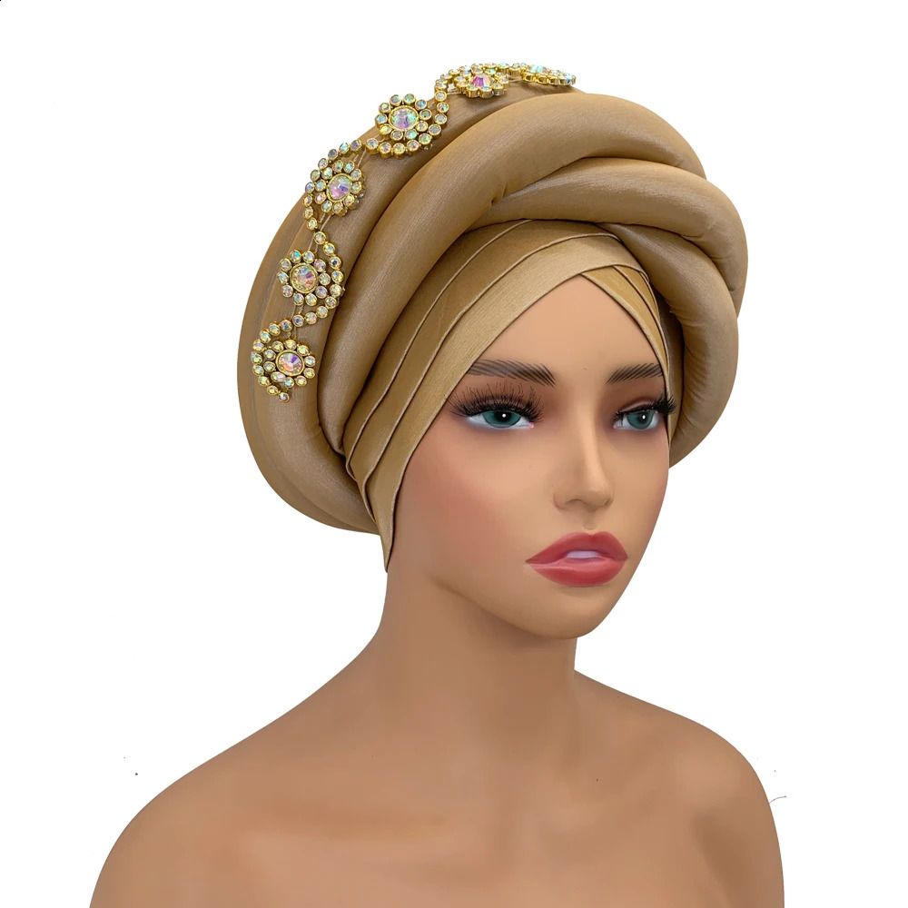 Twisted Braid Turban Cap for Women African Lady Head Wraps Diamonds Nigeria Raw Silk Autogele Headtie Muslim Hat Party Headwear 250530