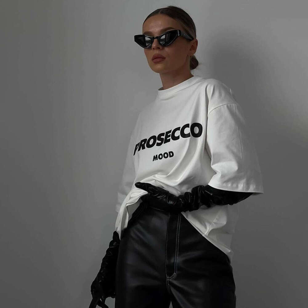 Ins Style Simple Letter Print Drop Shoulder Round Neck Pullover Top Spring Summer New Oversize Short Sleeve T-Shirt B5