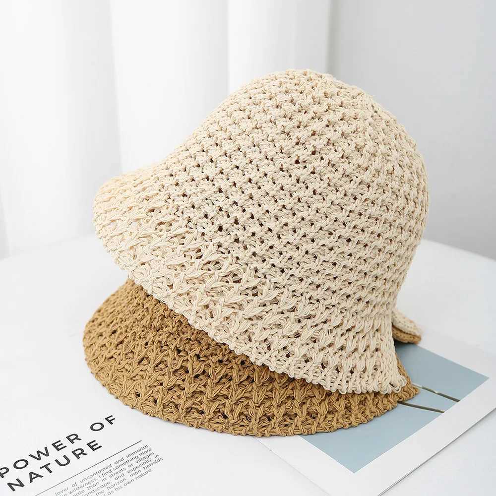 Korean Style Bucket Hat Women Summer Sun Protection Knitted Sun Hat Adjustable Foldable Beach Cap For Travel Spring Outdoor W250602