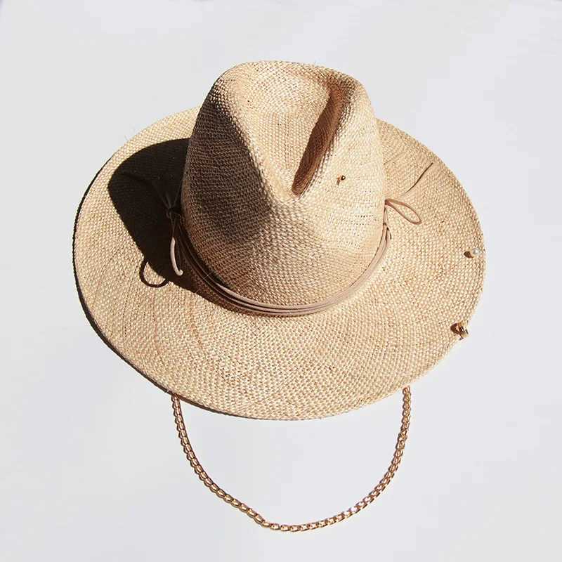 2022 New Summer Raffia Sunhat For Women Ladies With Chain And Pin Women Straw Panama Hat High Quality Designer Custom Hat W250602