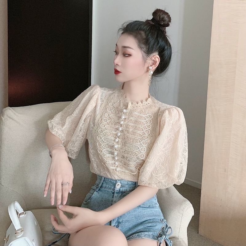 2025 Women's New Spring and Summer T-shirt New French Elegant Fluffy Sleeves Lace Women's Designer Shirt Summer New Design Feel Bead Decorat
