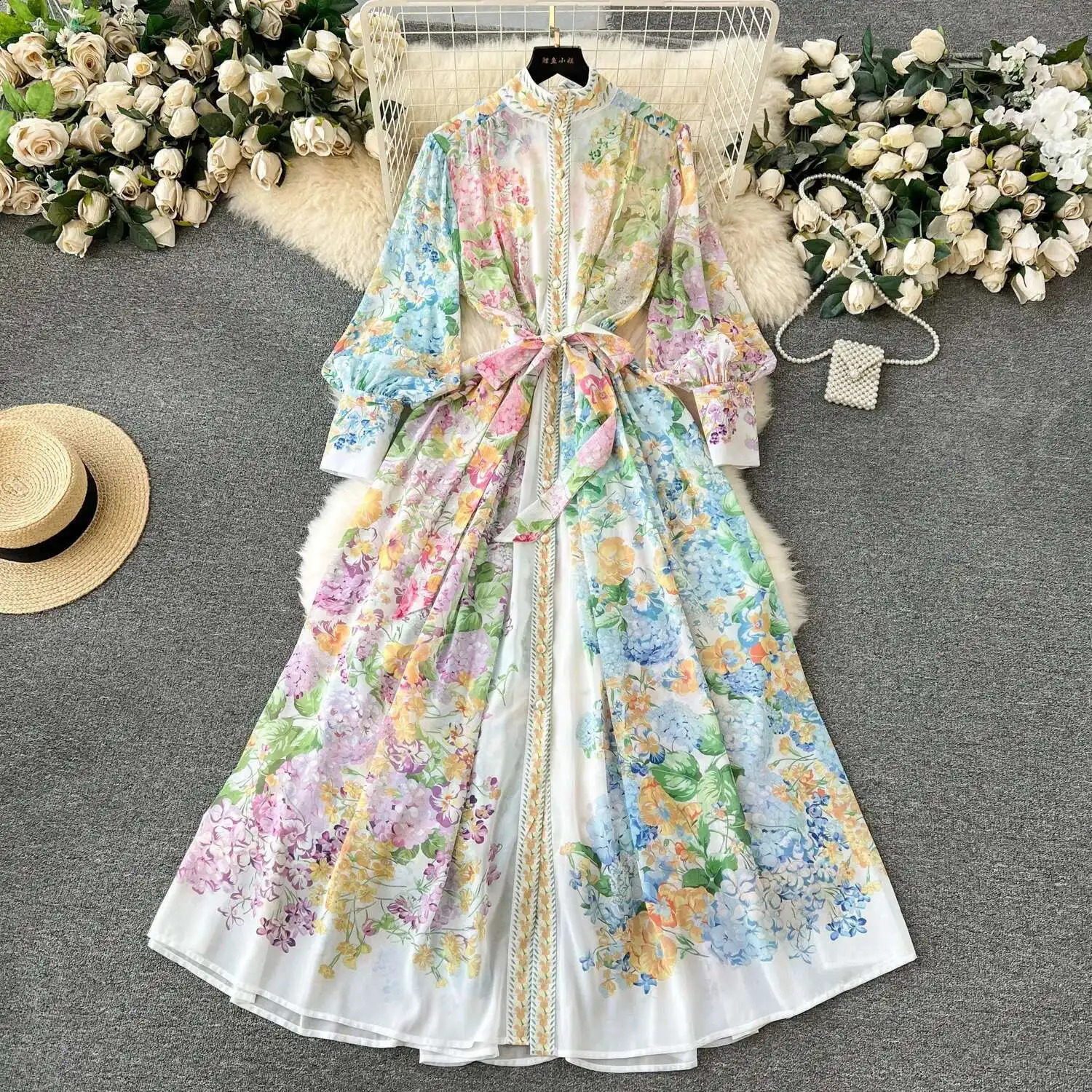 Vintage Elegant Flower Print Loose Long Sleeve Maxi Dress Shirt Women Single Breasted Fashion A Line Style Midi Vestidos 250530