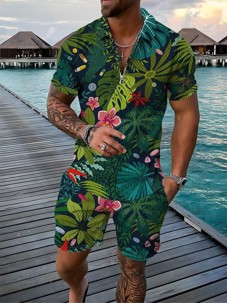 Summer 3D tropical fruits Print Men Polo Set Zipper Lapel Sets Collar And Shorts 2pcs Holiday style Man clothes 250530