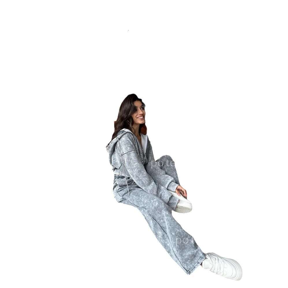 Spring New Washed Vintage Women's Fashion Short Hoodie Sweatshirt Casual Long Pants Two-Piece Set For Women B5