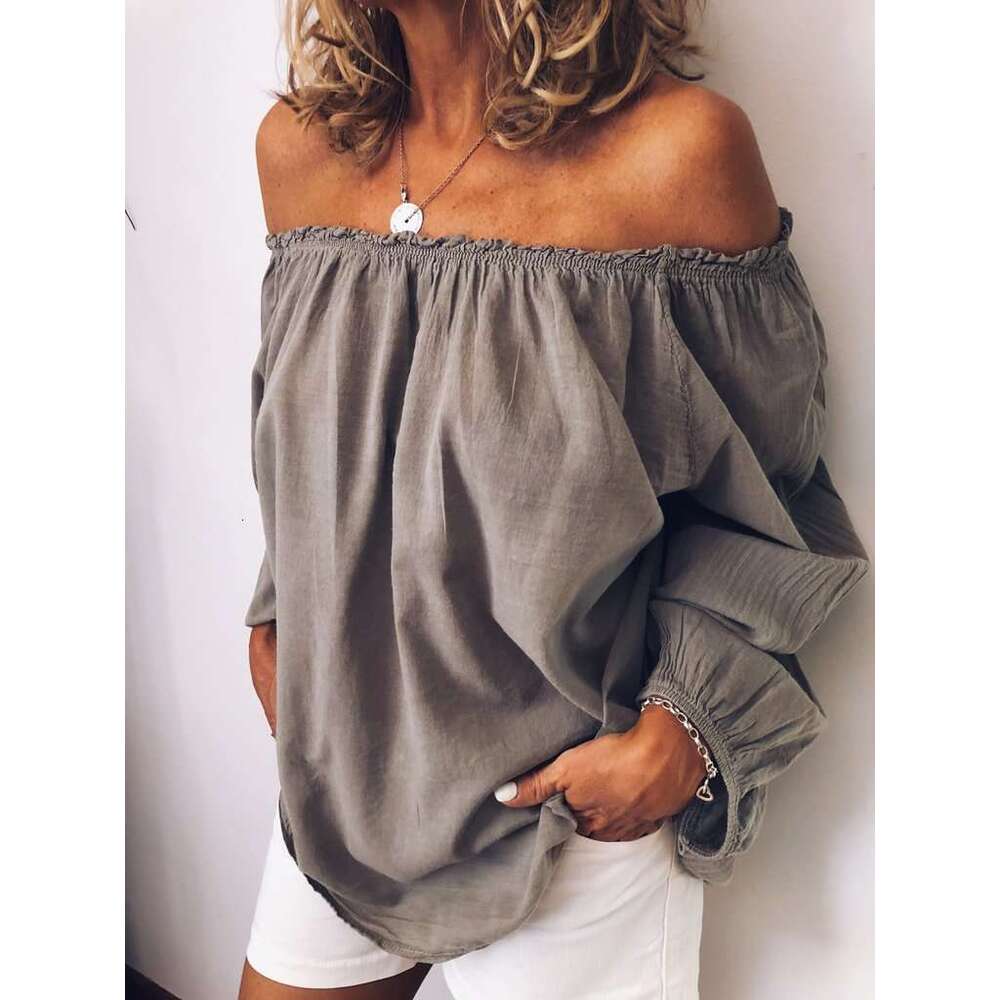 Autumn Winter Off-Shoulder Elastic Pleated Cotton Linen Solid Color Long Sleeve Women's Shirt B5