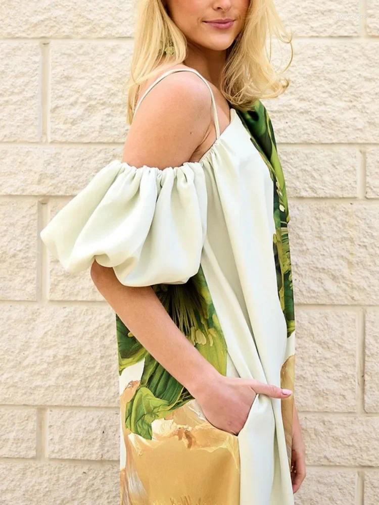 Casual Dresses Women Elegant Floral Printed Evening Banquet Maxi 2025 Summer Sleeves One-shoulder Party Prom Long Dress