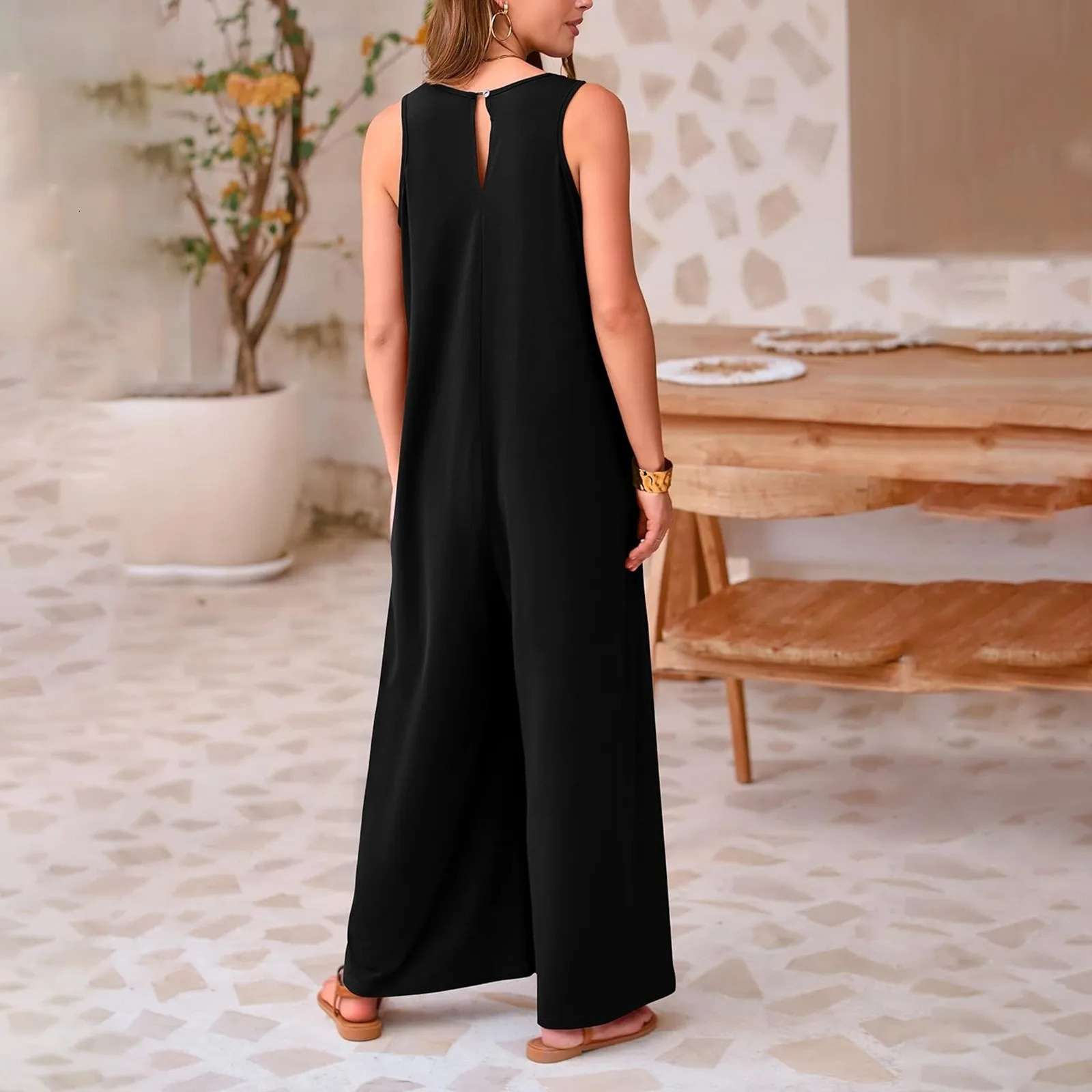 Women Strap Loose Jumpsuit Romper Boat Neck Sleeveless Playsuits Wide-Leg Trousers Solid Dungaree Bib Overalls 250603