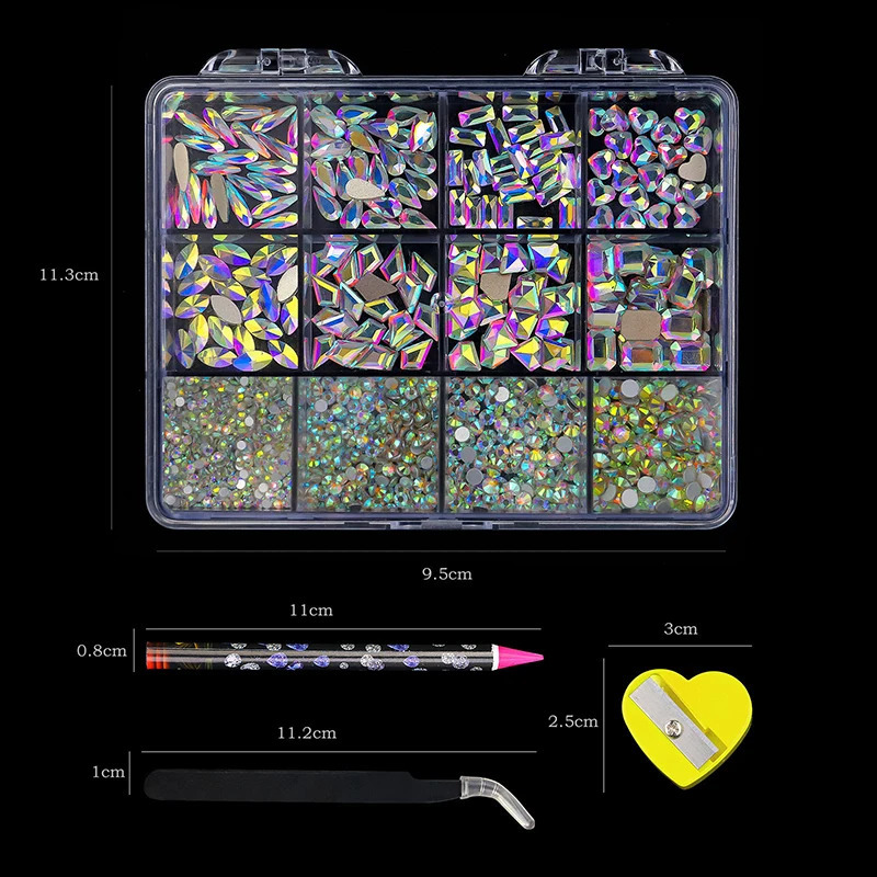 12 Grids Rhinestones For Nails Jewelry Set AB Flat Bottom Drill With Stainless Steel Tweezers Pen DIY Decoration Manicure Tools 250528