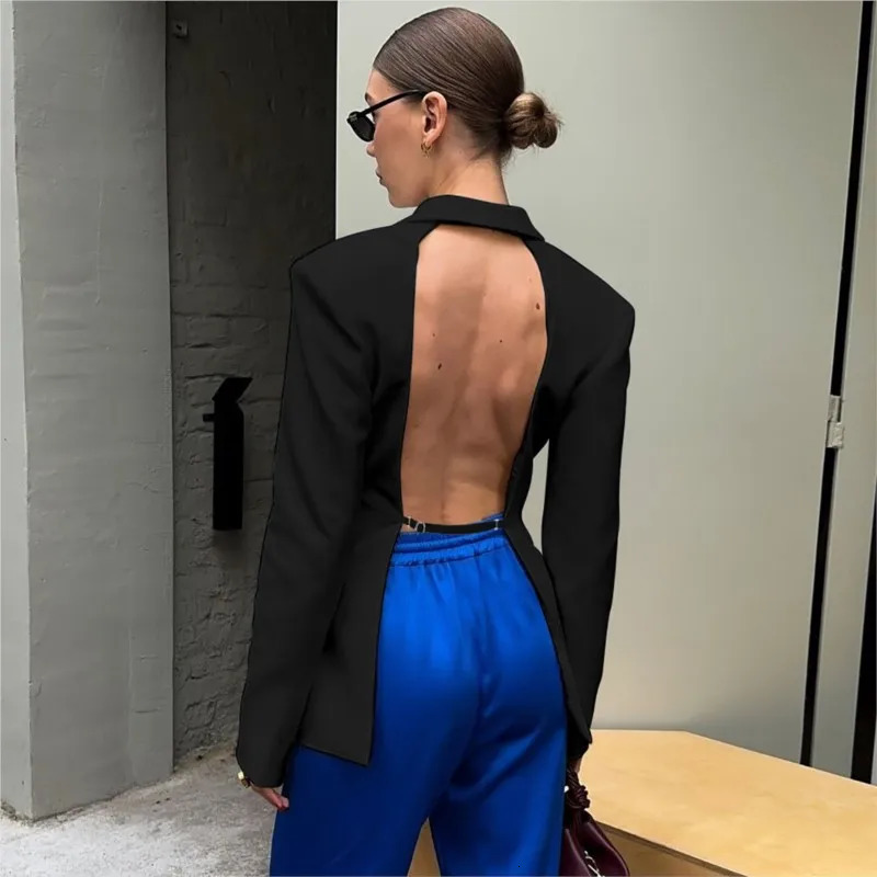 Elegant Blazer Coat Women Office Lady Fashion Sexy Backless Pockets Suit Jacket Spring Chic White Casual Slim Outerwear 250526