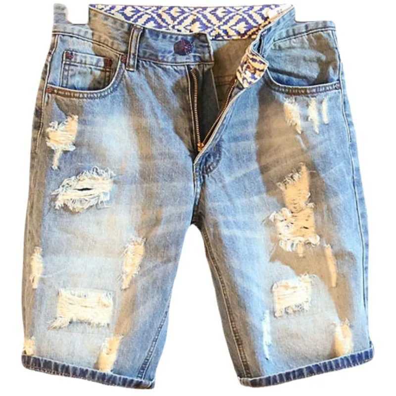 Summer Mens Fashion Slim Fit Denim Shorts Korean Casual Perforated Mid Pants T250603
