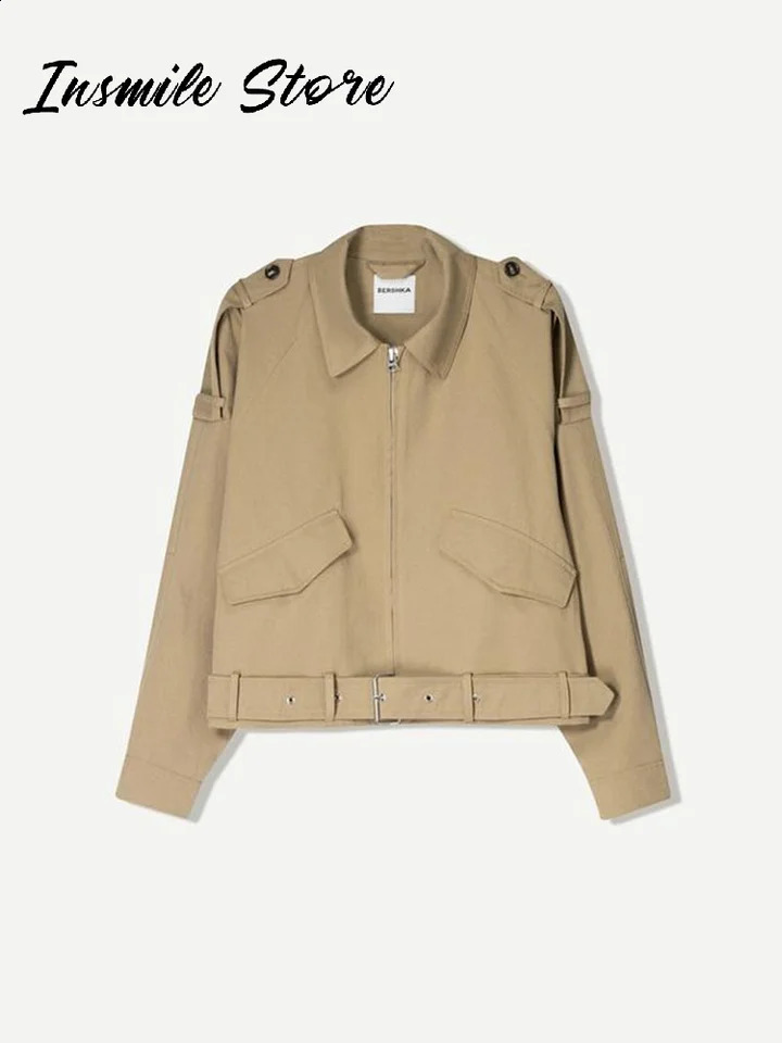 Casual Solid Belt Women Jacket Turn-down Collar Long Sleeve Zipped Loose Female Coats 2025 Spring Chic Lady Streetwear Tops 250530