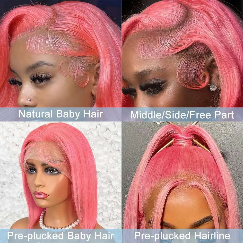 Pink Front Body Wave 13x6 Hd Lace Frontal Pre Plucked Cosplay Rose Red Colored Wig 100% Human Hair Wigs