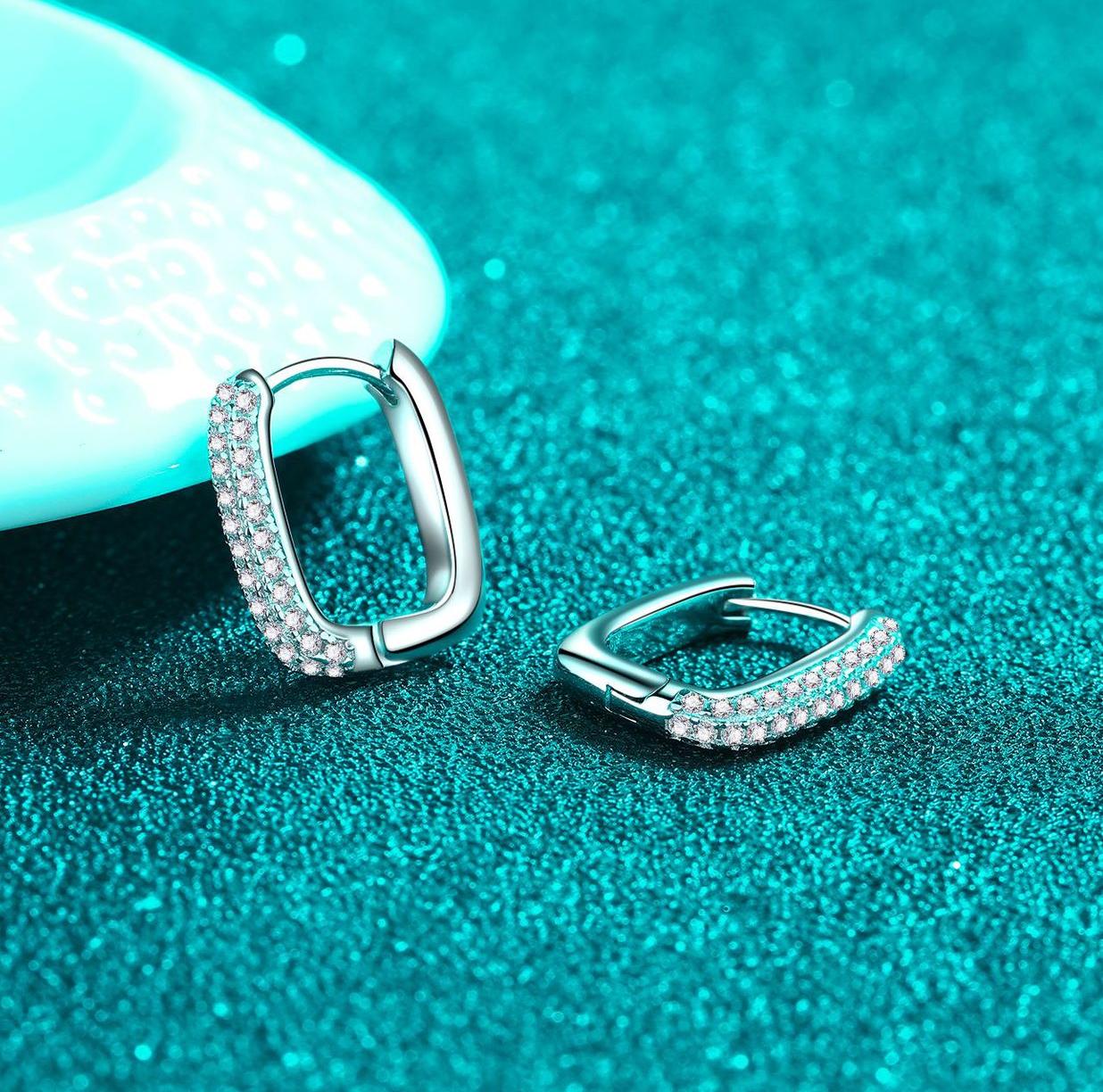 S925 sterling silver earrings with PT950 plating, featuring two rows of Moissanite stones, a sleek square hoop design for elegant, everyday wear.